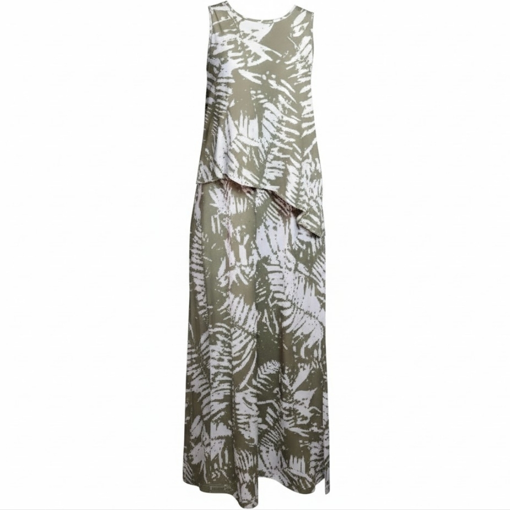 CHICO'S | Two‎ Tone Palm Olive White Olivia Side Slits Sleeveless Maxi Dress | S